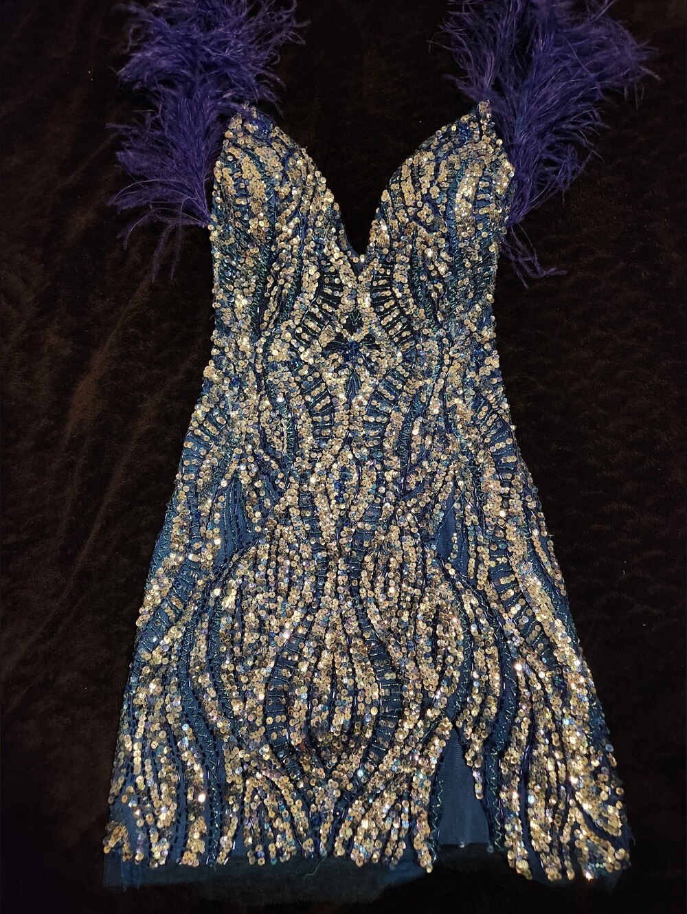 Jovani Blue Sequin Mini Dress with Feathered Straps